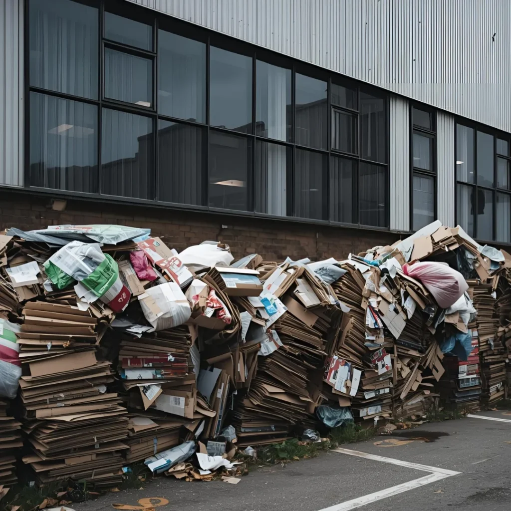 Stock de déchets devant l'entrée d'un usine non compressé et non rangé démontrant l'importance de l'utilisation d'une caisse à compaction pour réduire le volume des déchets produits par une entreprise, à la fois pour des optimisations de coûts mais aussi pour obtenir un site propre et sécurisé.
